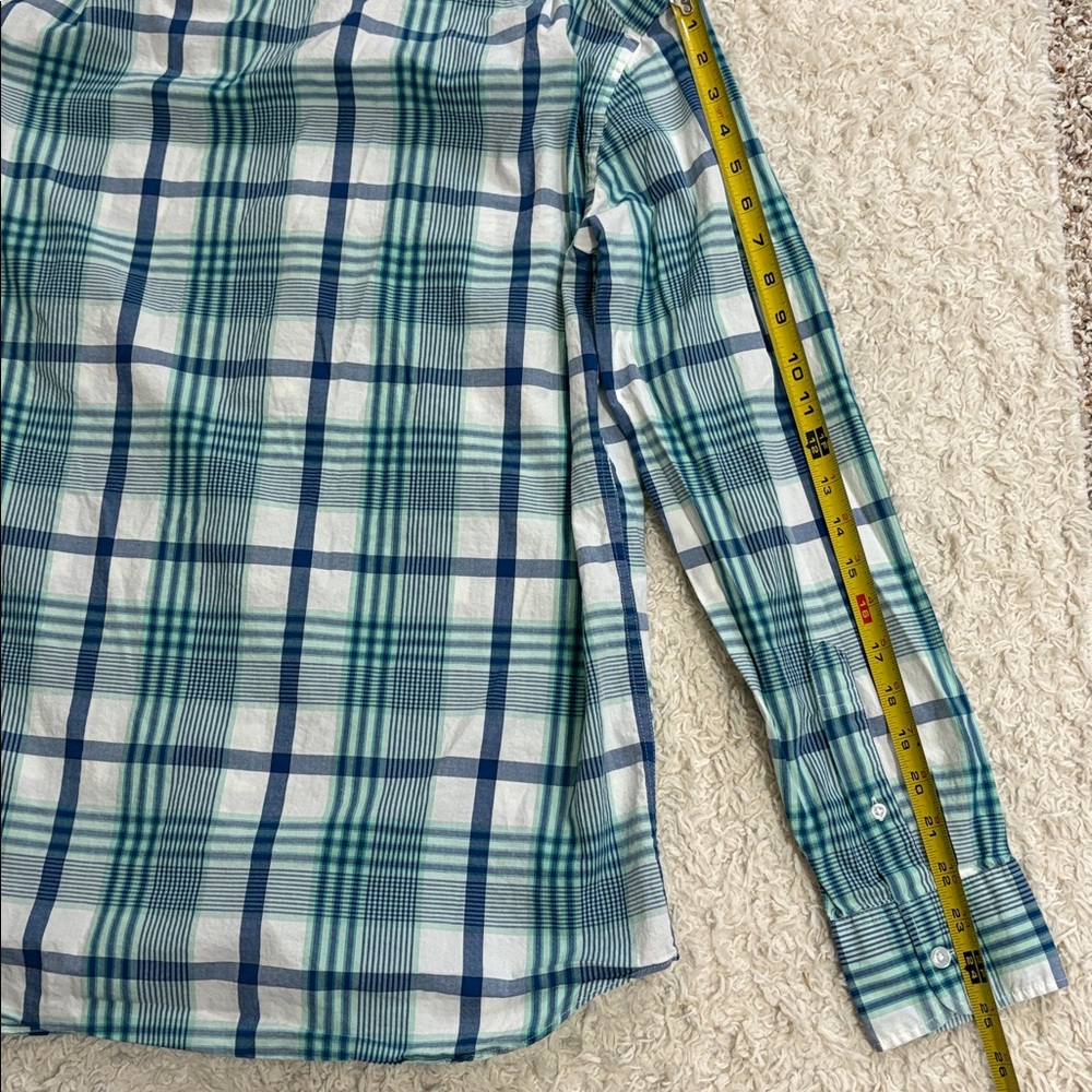 J. CREW FACTORY M Flex Washed Slim Cut blue, green, white button down shirt - Picture 7 of 8